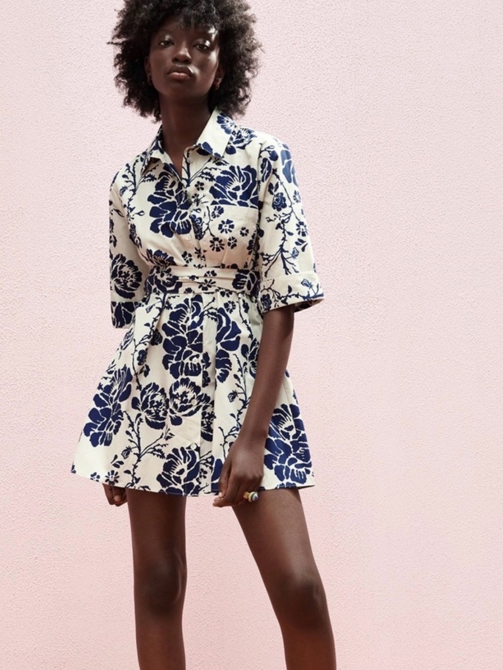 Zara Navy and Cream Floral Mini Shirt Dress 100% cotton